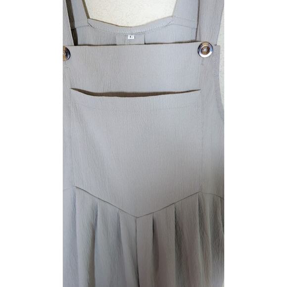 Women's Palazzo Overall Jumpsuit Romper L Beige Tan Neutral Color Big Bib Pocket - Picture 3 of 11